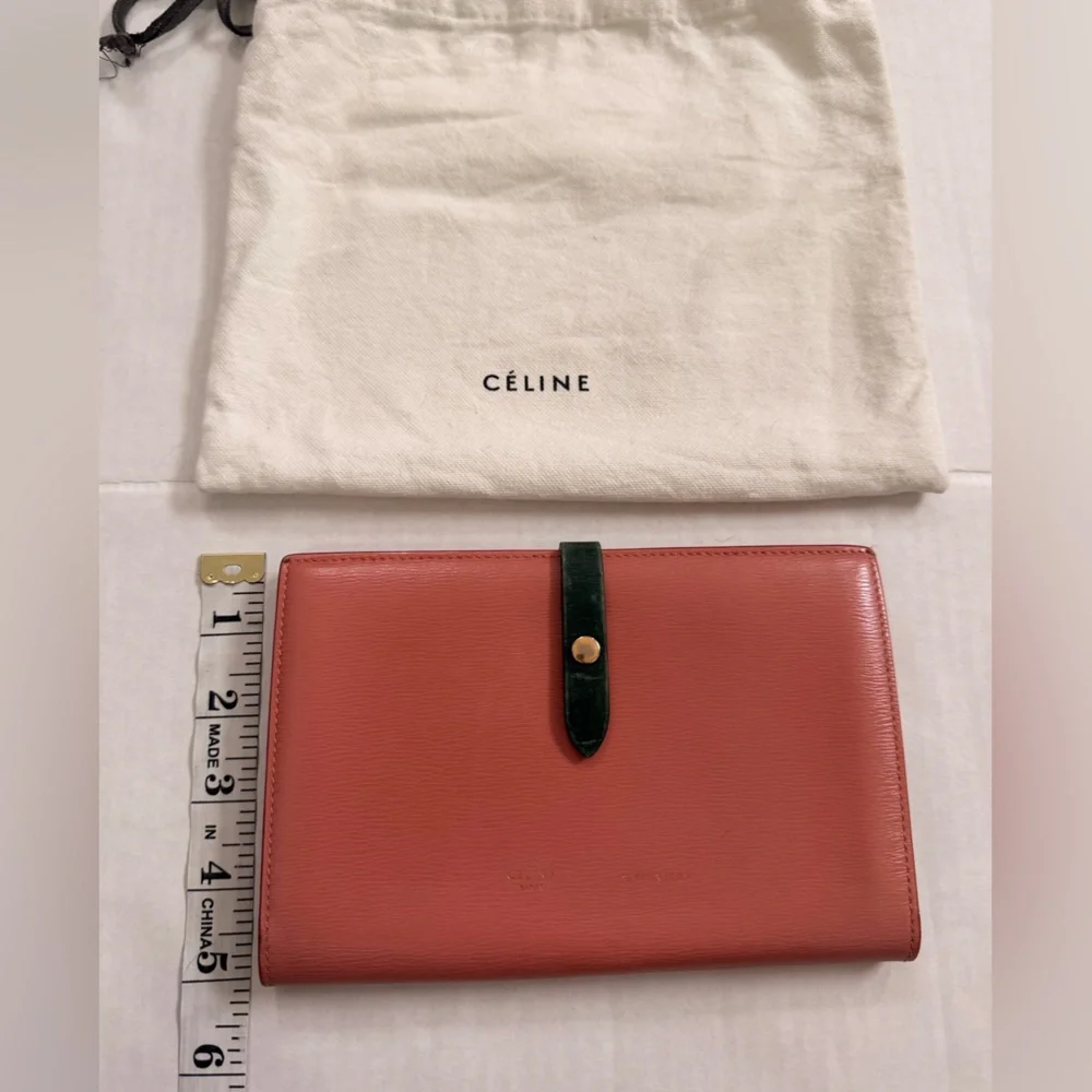 Celine Large Multifunction Leather Wallet in Rich Pink With Green Strap - Picture 10 of 10